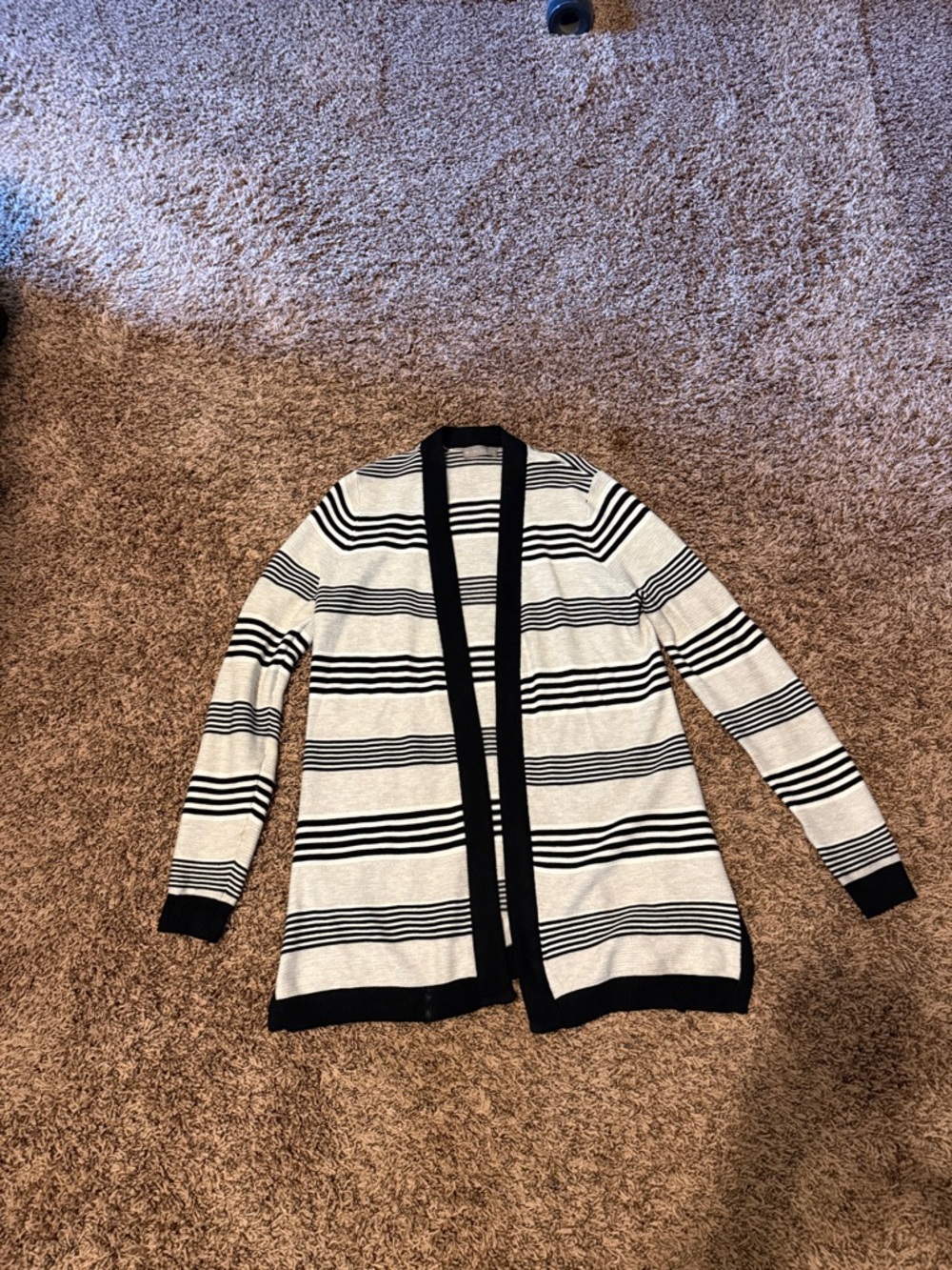Open-Front Black & Cream Striped Women's Cardigan